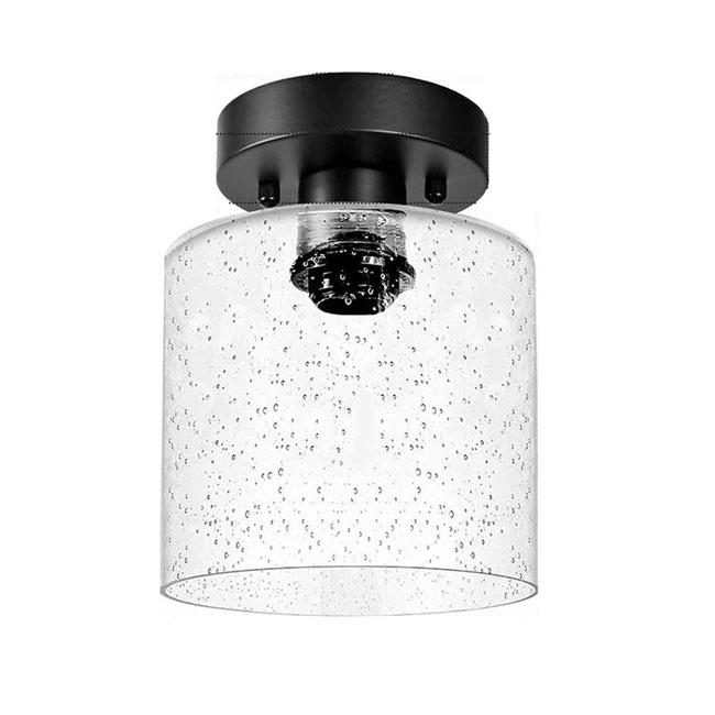 Modern Farmhouse Matte Black Semi Flush Mount Ceiling Light with Seeded Glass
